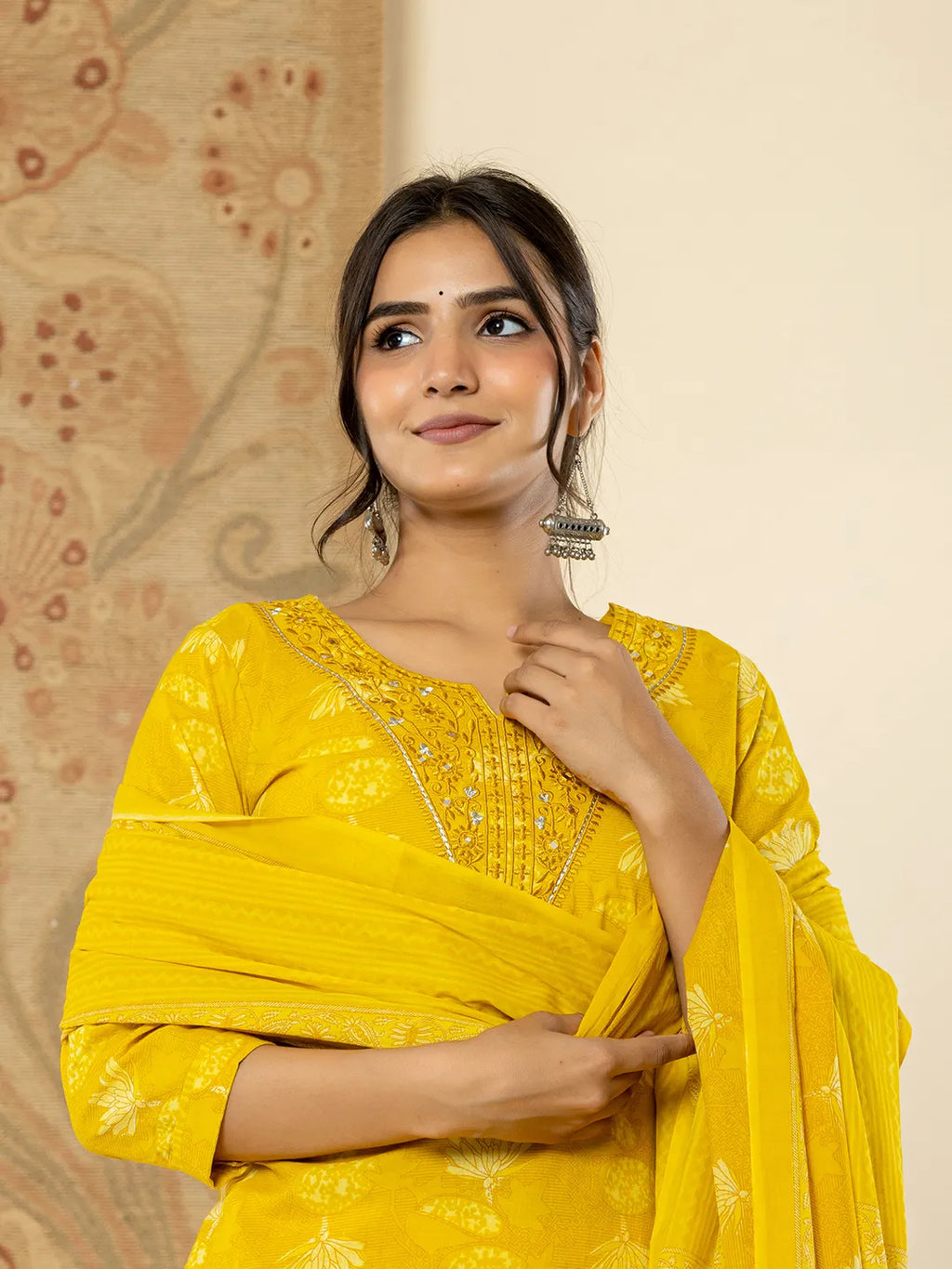 Yufta Cotton Mustard Floral Embroidery Mirror Work Kurta Dupatta Pant Set