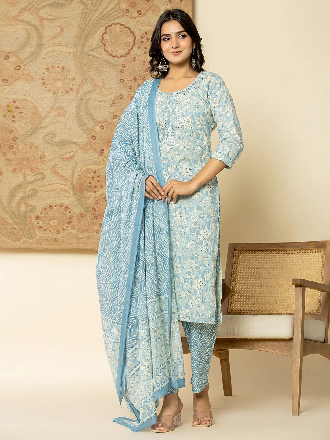 Yufta Pure Cotton Sky Blue Floral Embroidery Kurta Dupatta Pant Set