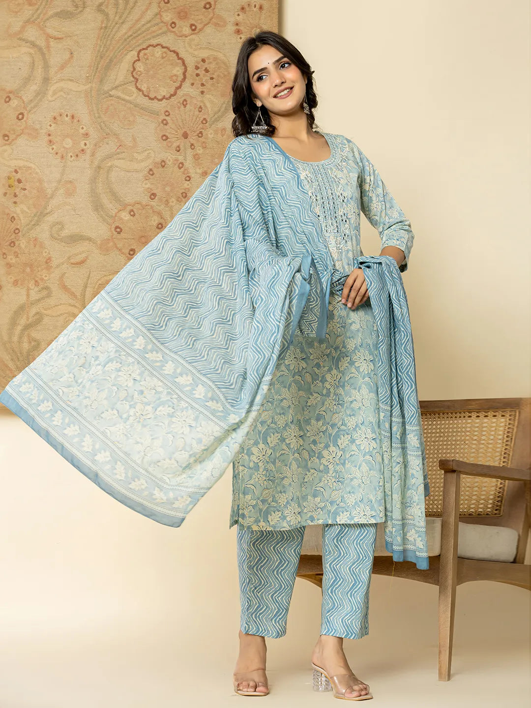 Yufta Pure Cotton Sky Blue Floral Embroidery Kurta Dupatta Pant Set