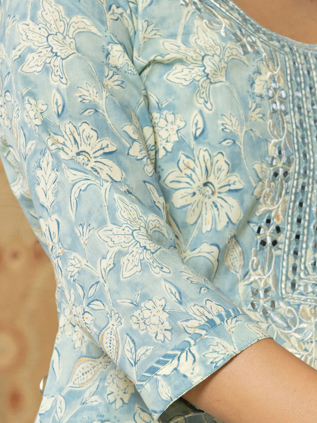 Yufta Pure Cotton Sky Blue Floral Embroidery Kurta Dupatta Pant Set
