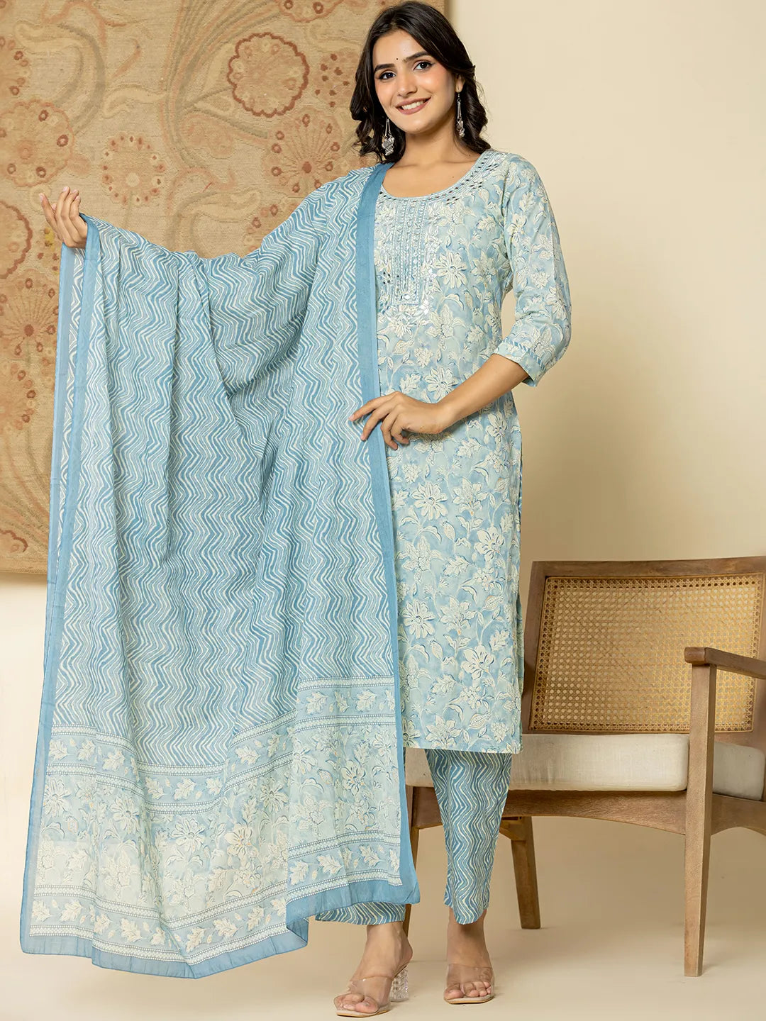 Yufta Pure Cotton Sky Blue Floral Embroidery Kurta Dupatta Pant Set