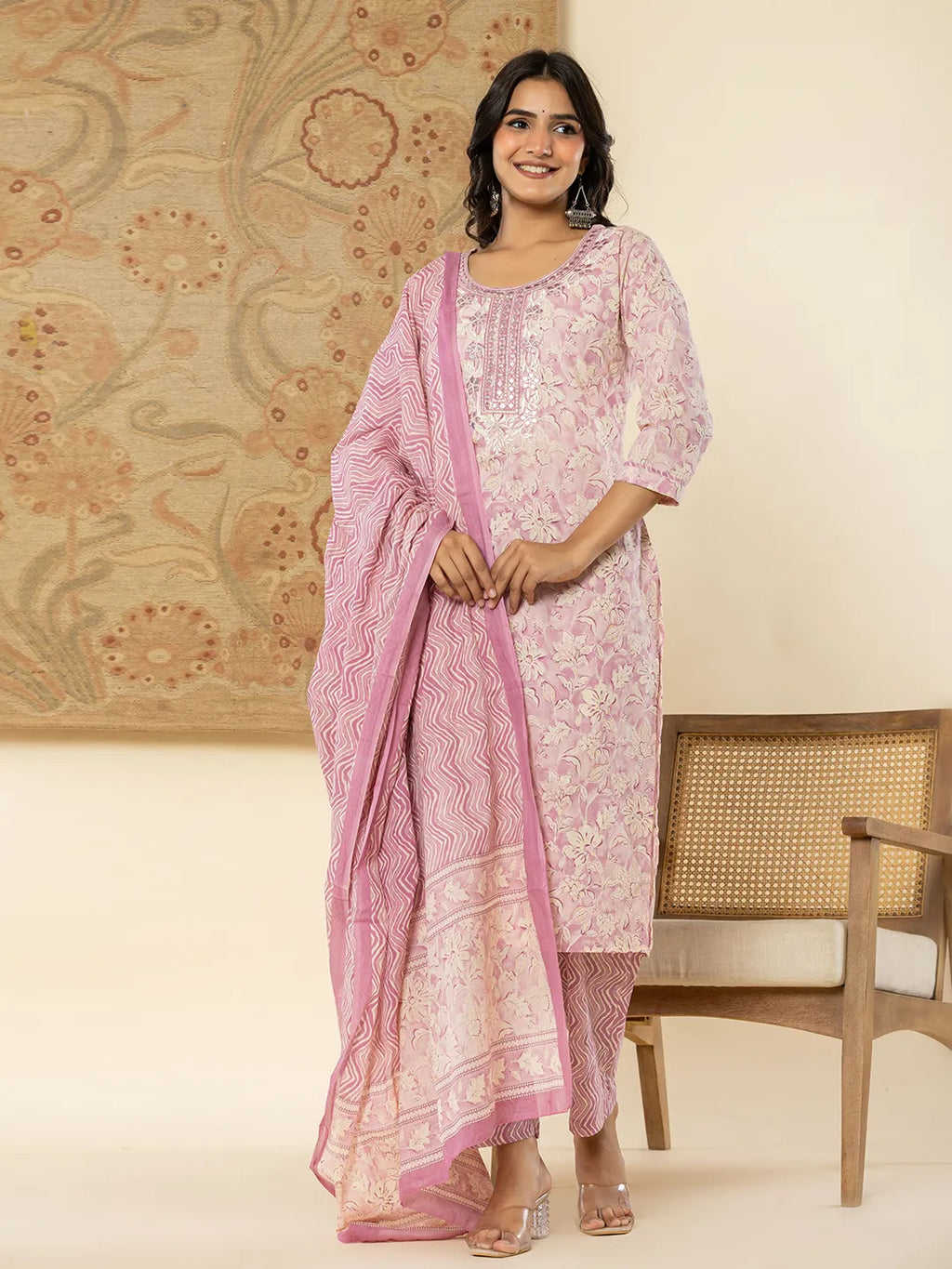Yufta Pure Cotton Lavender Floral Embroidery Kurta Dupatta Pant Set