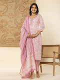 Yufta Pure Cotton Lavender Floral Embroidery Kurta Dupatta Pant Set