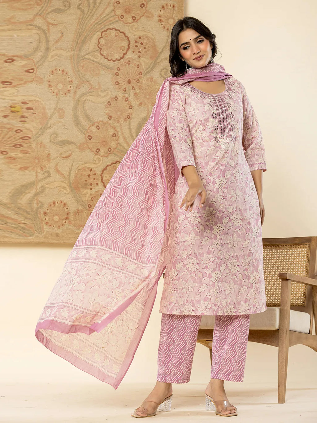Yufta Pure Cotton Lavender Floral Embroidery Kurta Dupatta Pant Set