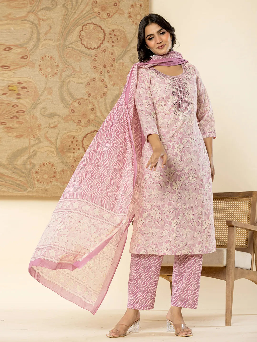 Yufta Pure Cotton Lavender Floral Embroidery Kurta Dupatta Pant Set