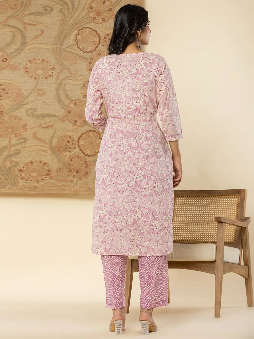 Yufta Pure Cotton Lavender Floral Embroidery Kurta Dupatta Pant Set