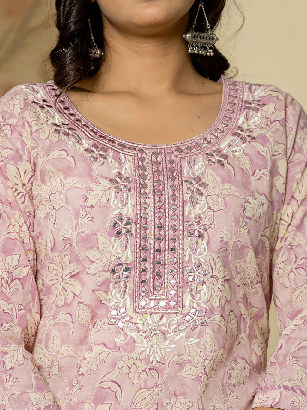 Yufta Pure Cotton Lavender Floral Embroidery Kurta Dupatta Pant Set