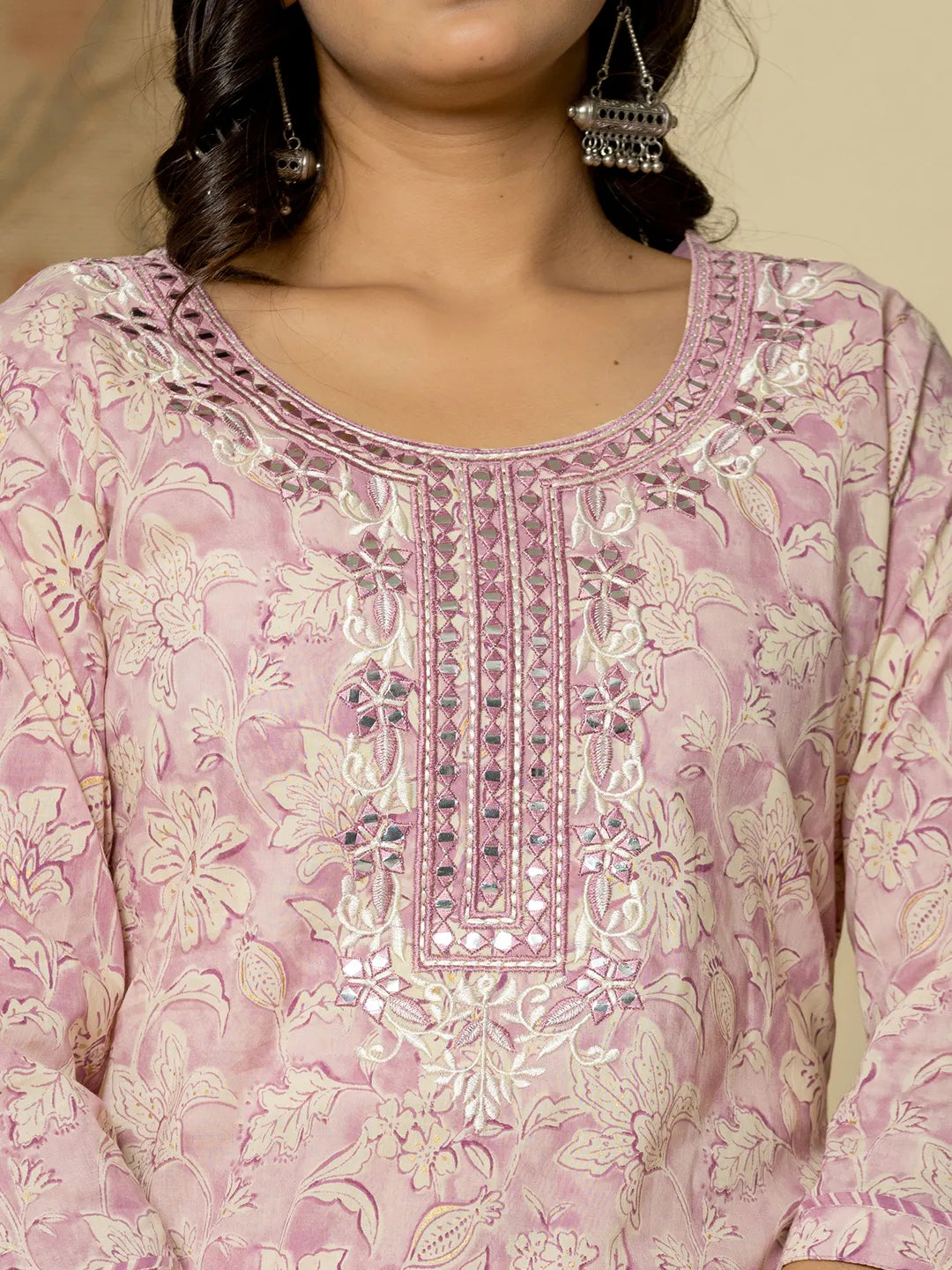 Yufta Pure Cotton Lavender Floral Embroidery Kurta Dupatta Pant Set