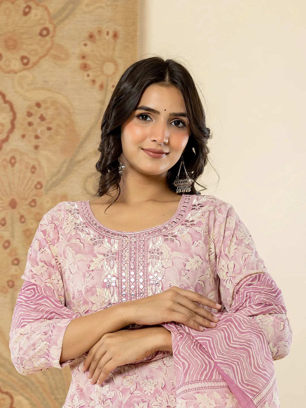 Yufta Pure Cotton Lavender Floral Embroidery Kurta Dupatta Pant Set