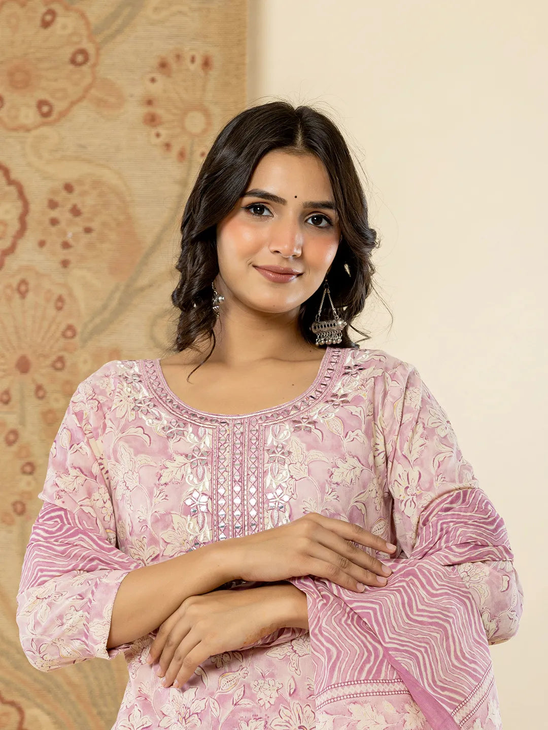 Yufta Pure Cotton Lavender Floral Embroidery Kurta Dupatta Pant Set