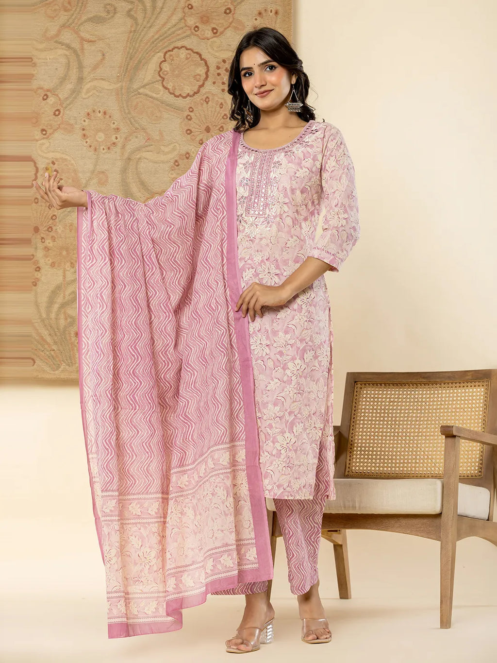Yufta Pure Cotton Lavender Floral Embroidery Kurta Dupatta Pant Set