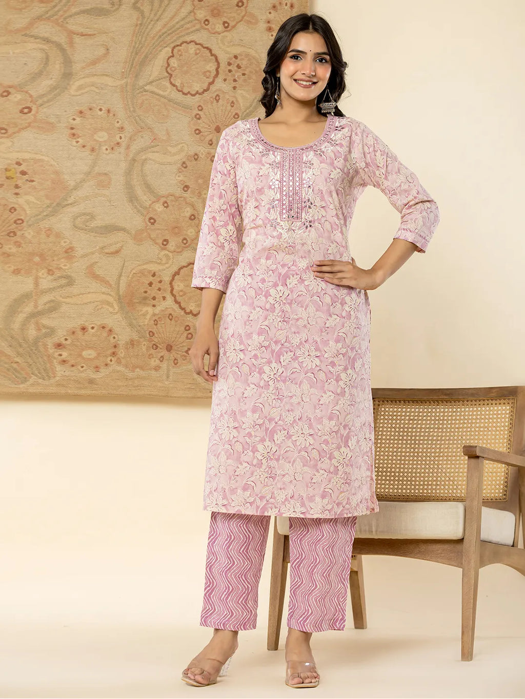 Yufta Pure Cotton Lavender Floral Embroidery Kurta Dupatta Pant Set