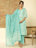 Yufta Pure Cotton Sea Green Floral Embroidery Kurta Dupatta Pant Set
