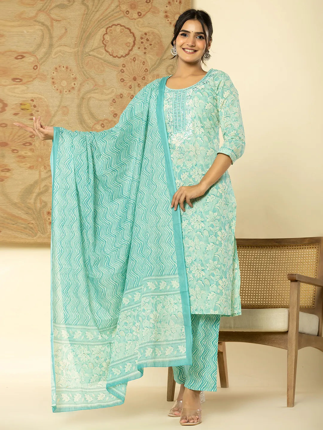 Yufta Pure Cotton Sea Green Floral Embroidery Kurta Dupatta Pant Set