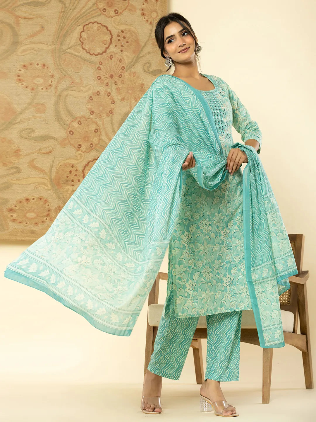 Yufta Pure Cotton Sea Green Floral Embroidery Kurta Dupatta Pant Set