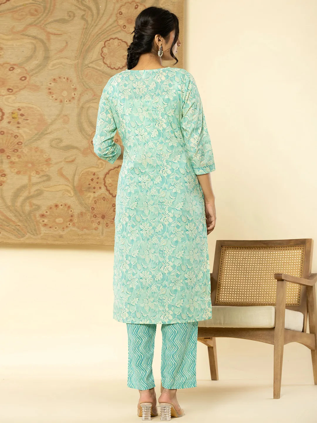 Yufta Pure Cotton Sea Green Floral Embroidery Kurta Dupatta Pant Set