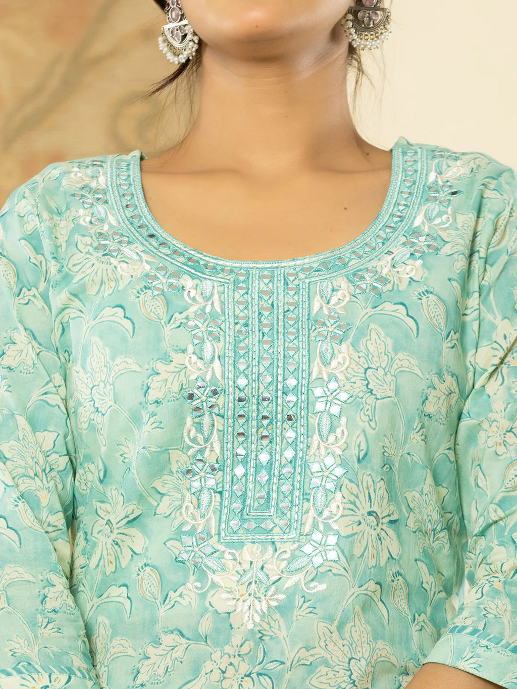Yufta Pure Cotton Sea Green Floral Embroidery Kurta Dupatta Pant Set