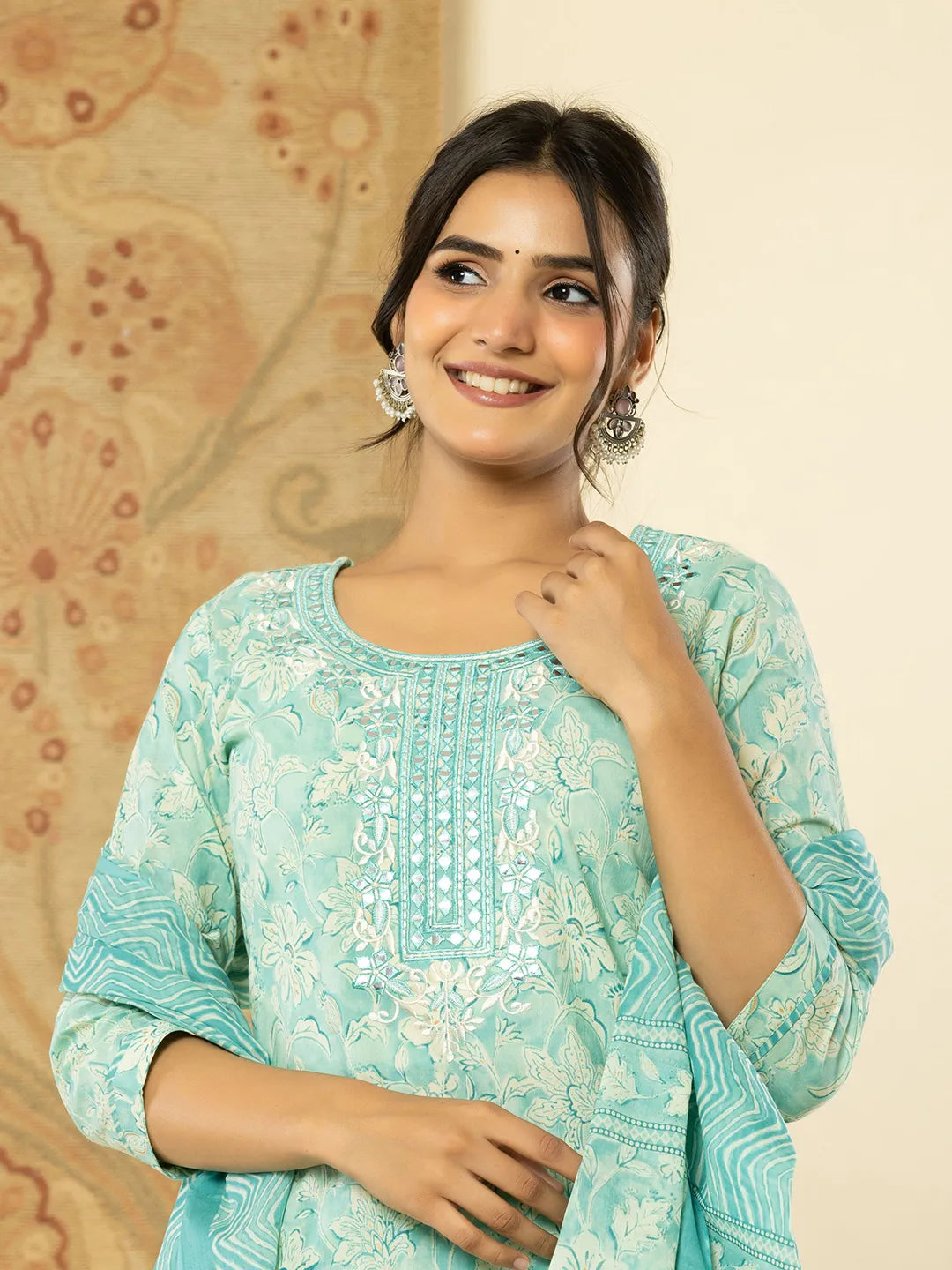 Yufta Pure Cotton Sea Green Floral Embroidery Kurta Dupatta Pant Set