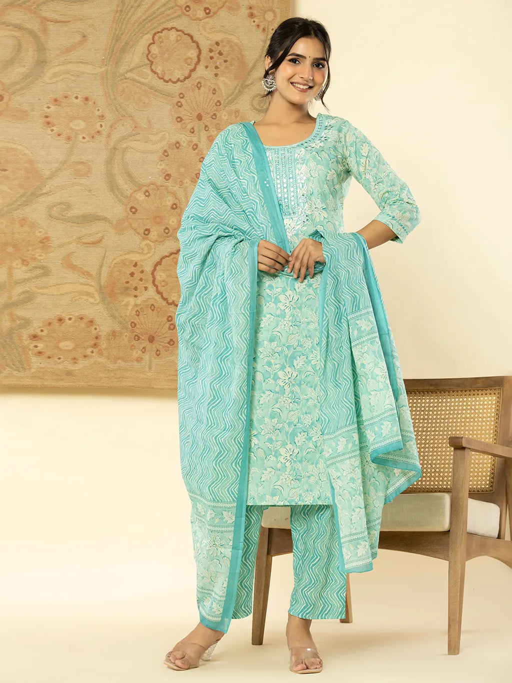Yufta Pure Cotton Sea Green Floral Embroidery Kurta Dupatta Pant Set