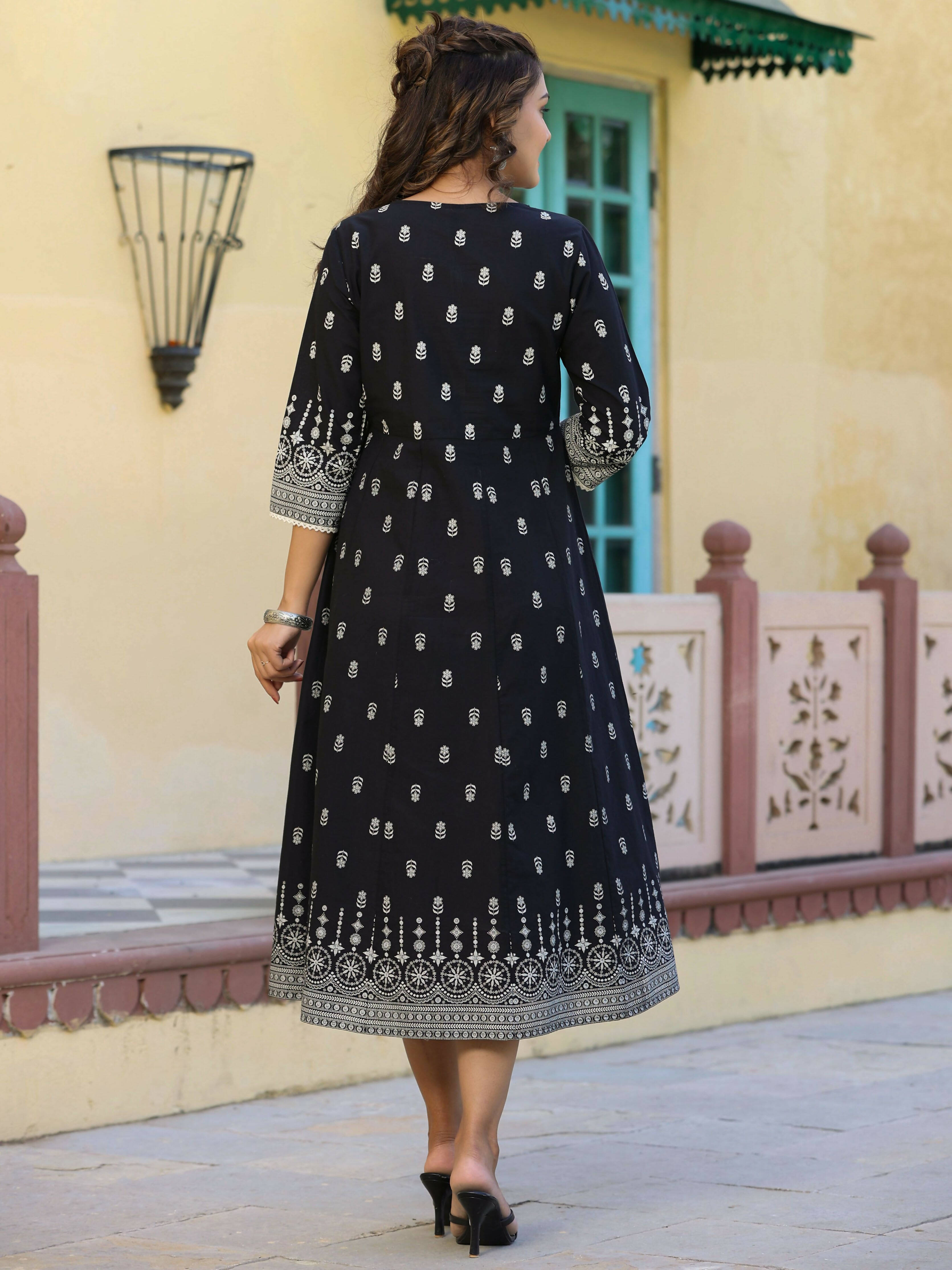 Juniper Women's Black Printed Anarkali Flared Dress