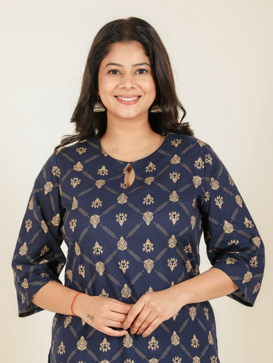 Aramya Straight Soft Cotton Floral Print Women's Kurta Set - Blue