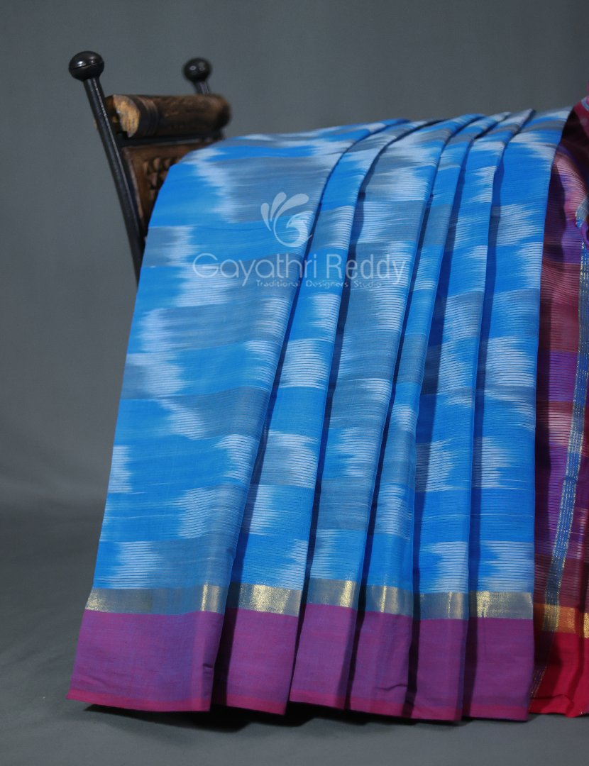 Dual Shades of Sky Blue And Maroon Mangalagiri Ikkat Cotton Saree By Gayathri Reddy Designer Studio