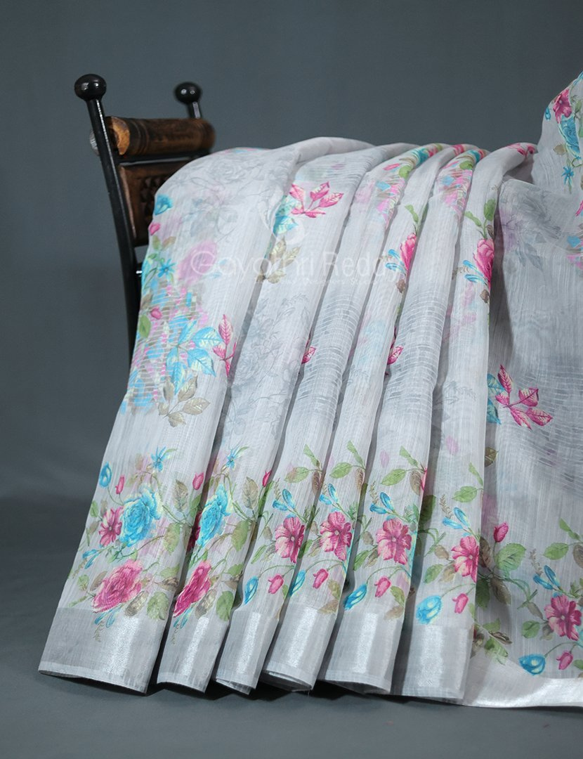 Shades of Light Grey With Floral Print Semi Chanderi Saree By Gayathri Reddy Designer Studio