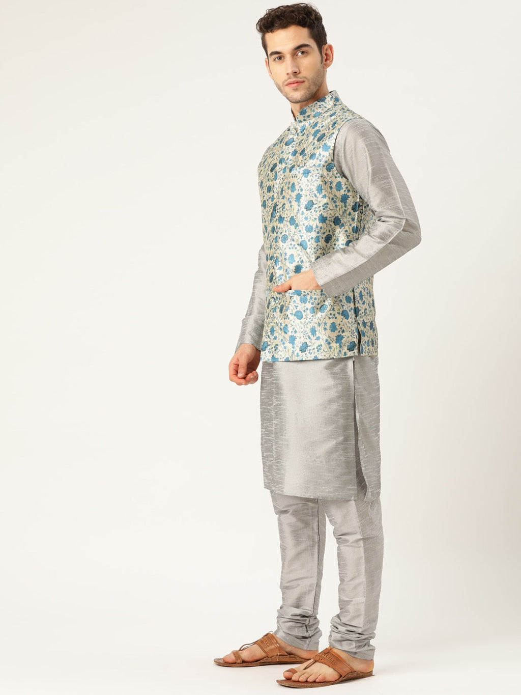 Sojanya Men Grey & Blue Solid Kurta Set with Nehru Jacket