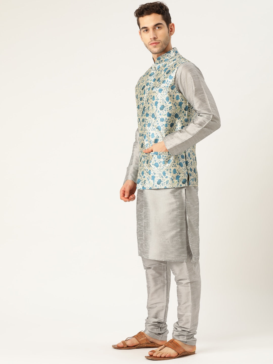 Sojanya Men Grey & Blue Solid Kurta Set with Nehru Jacket