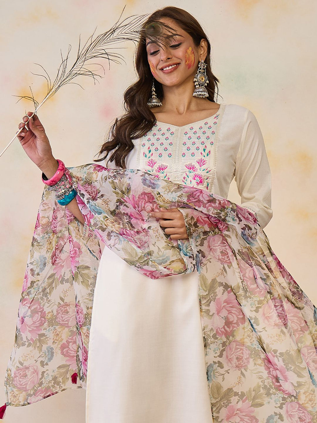 Indo Era Women Floral Yoke Design Regular Thread Work Pure Cotton Kurta with Trousers & With Dupatta