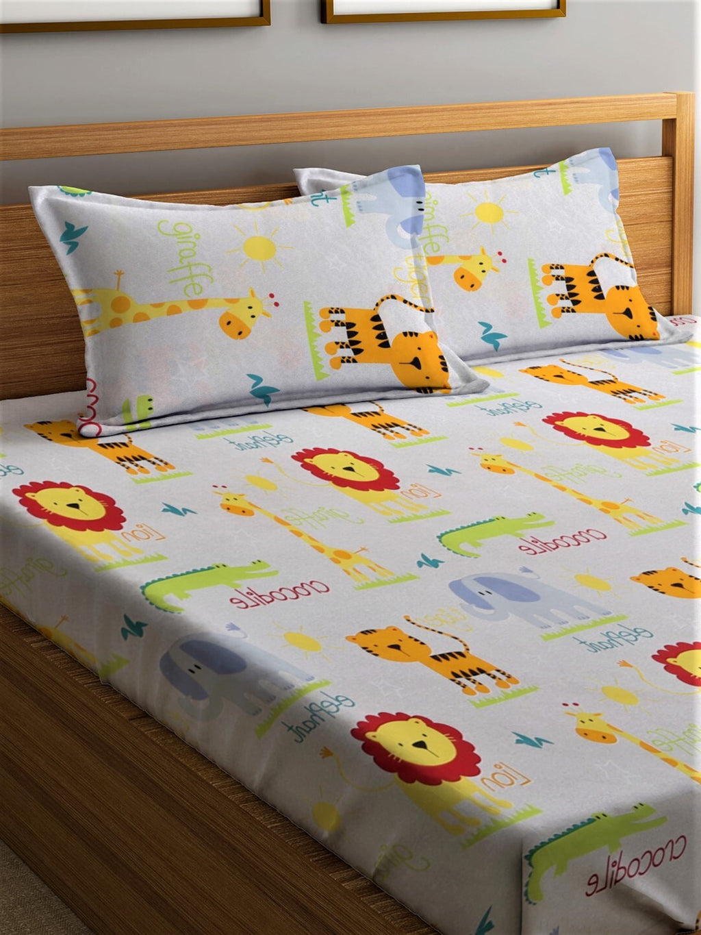Home Sizzler White & Orange Cartoon Characters 210 TC Bedsheet with Pillow Covers
