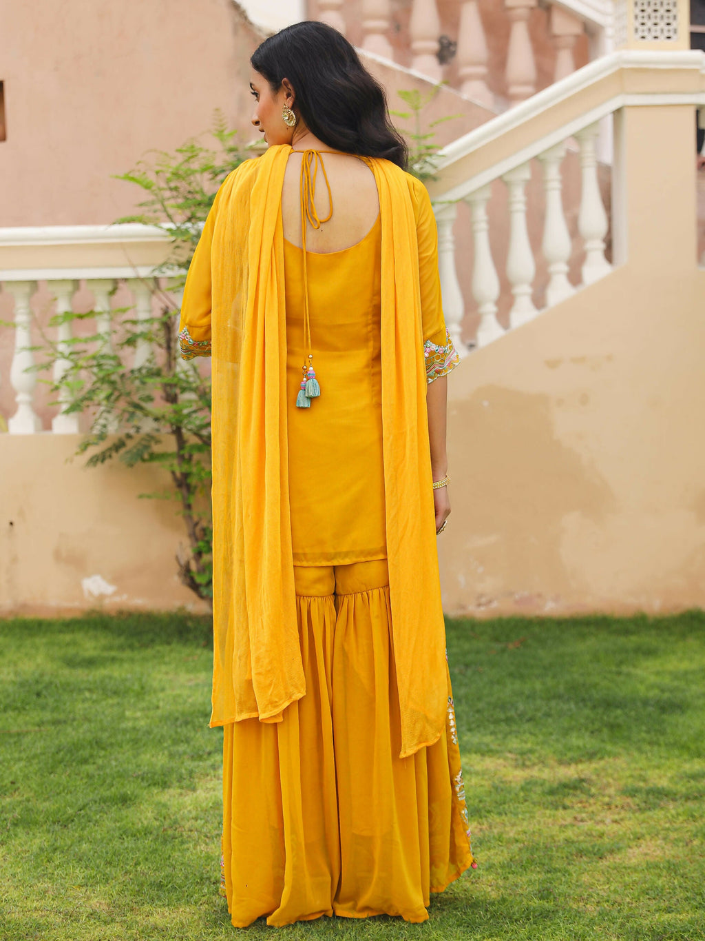 Juniper Women's Mustard Thread Embroidered Georgette Kurta Sharara And Dupatta Set With Sequins & Mirror Work