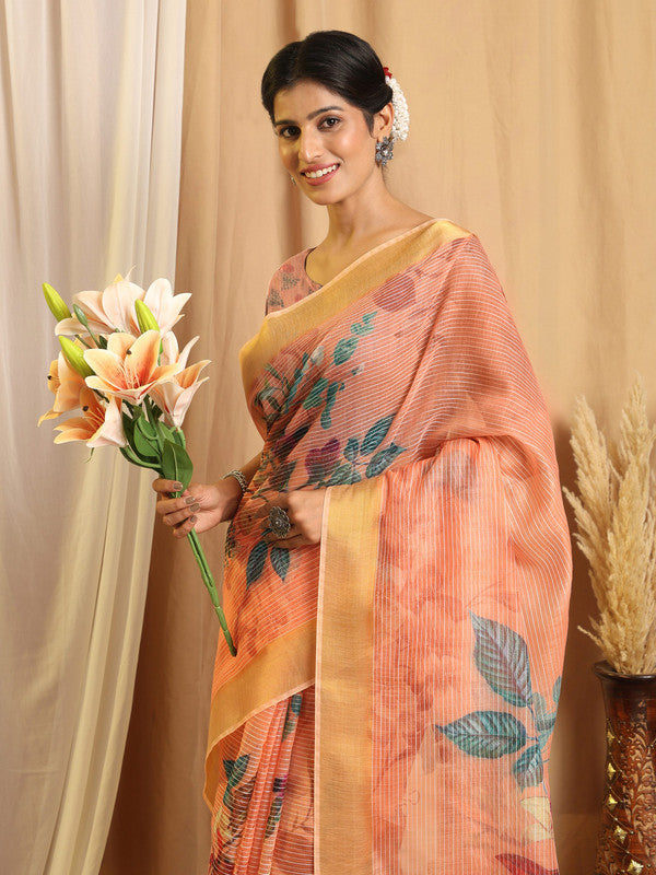 Shivam Fabrics Pink Chanderi Fabric Printed Saree