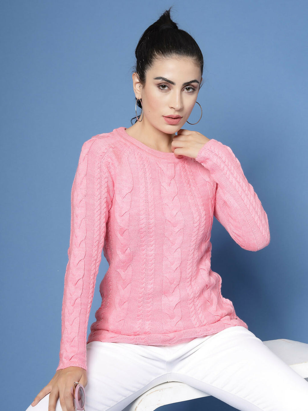 Women Pink Acrylic Self Design Winter Dress - Wool Trees