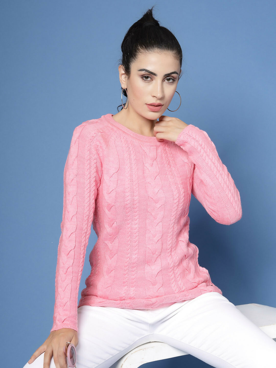 Women Pink Acrylic Self Design Winter Dress - Wool Trees