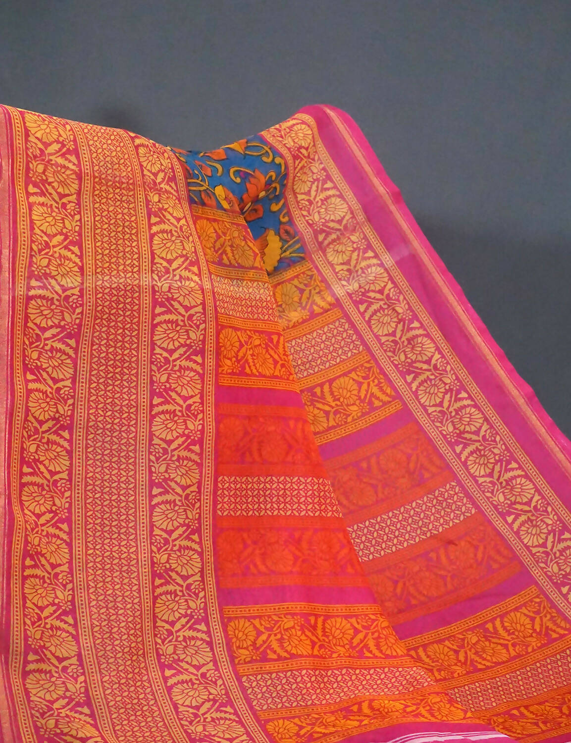 Multi Shades Of Peacock Blue Kalamkaari Design Semi Chanderi Saree With Contrast Blouse By Gayathri Reddy Designer Studio