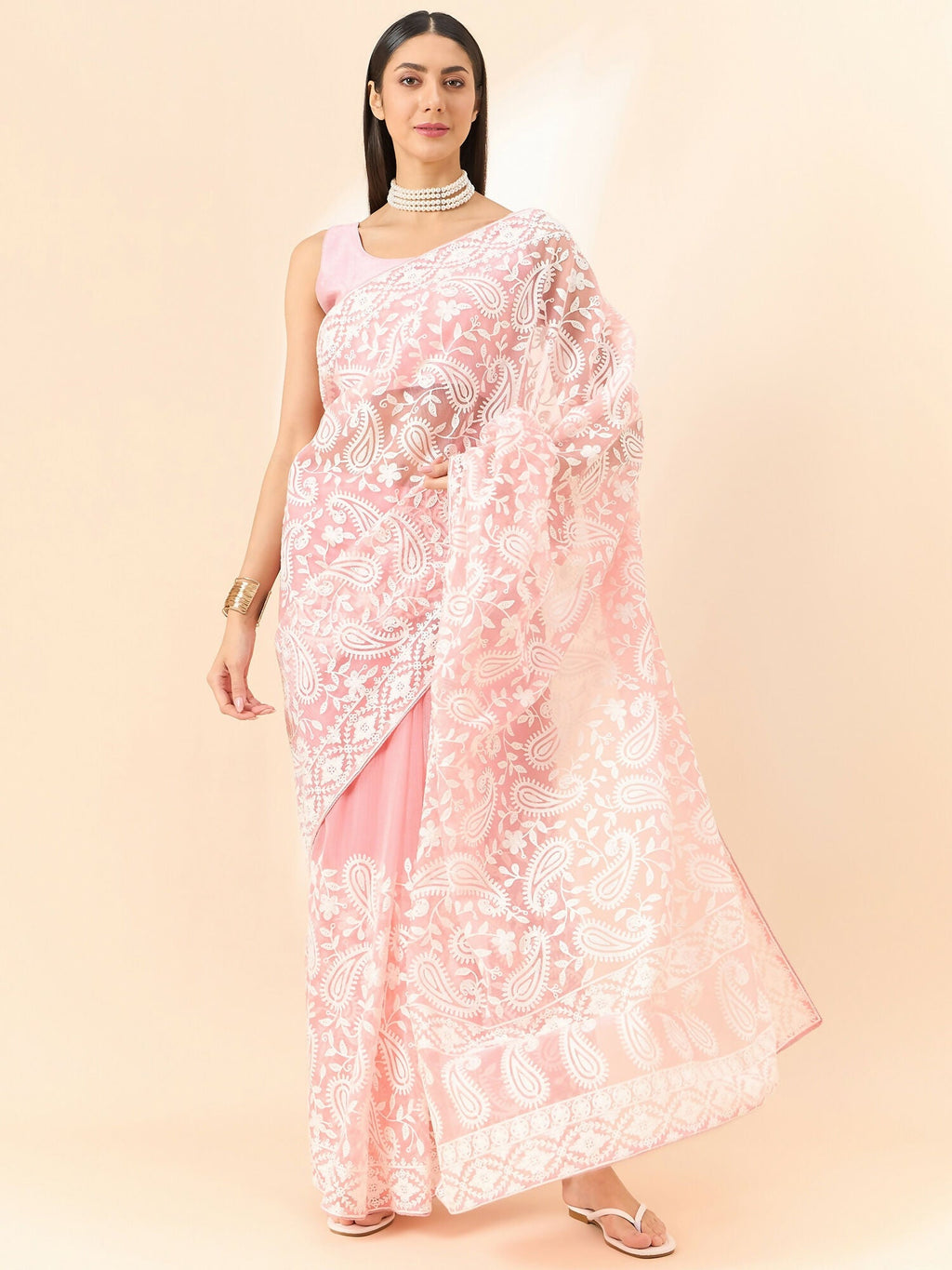 Pink Organza Paisely Embroidered Saree with Unstitched Blouse Piece - Roozal