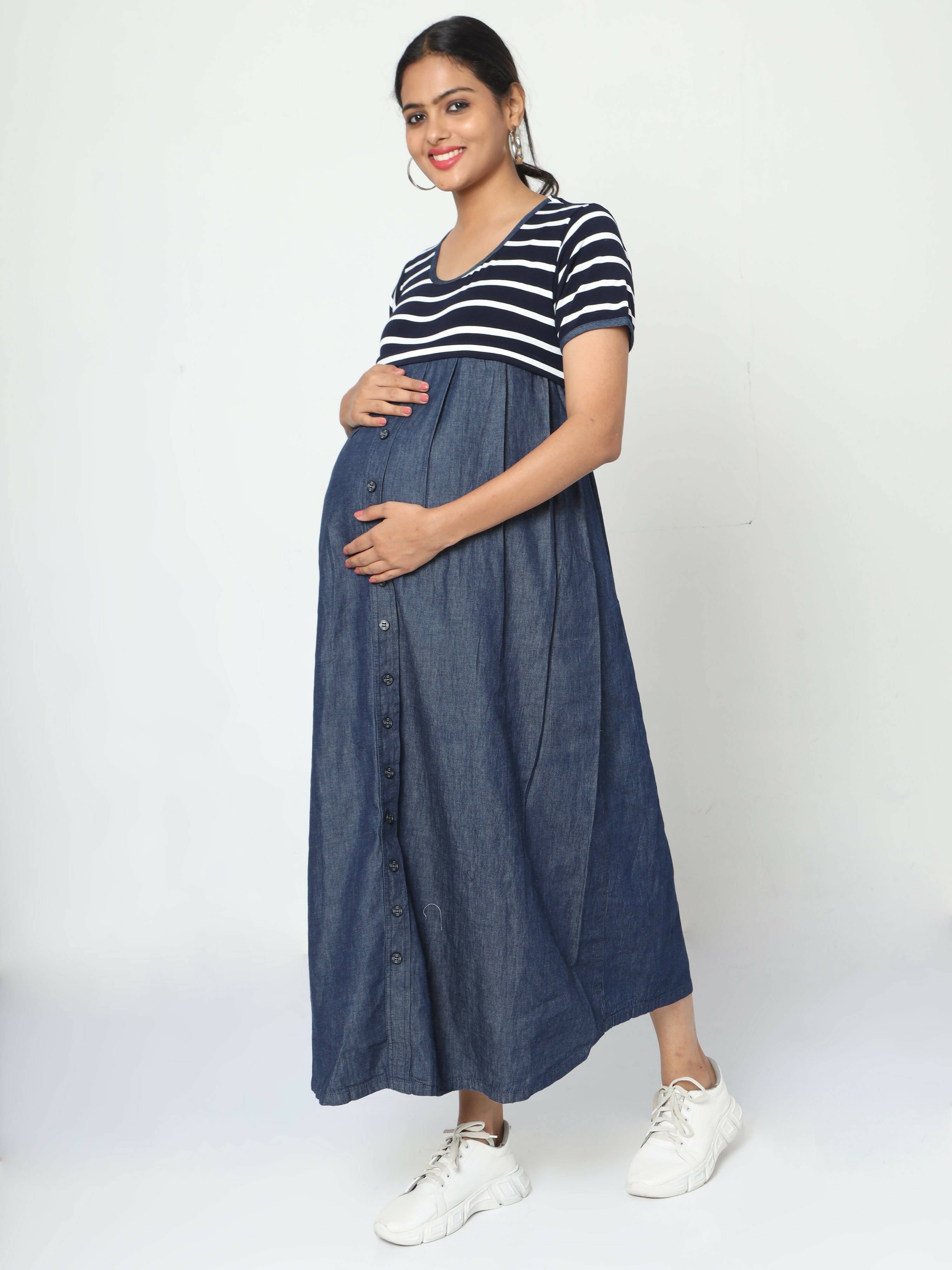 Manet Half Sleeves Maternity Dress White Striped With Concealed Zipper Nursing Access - Navy