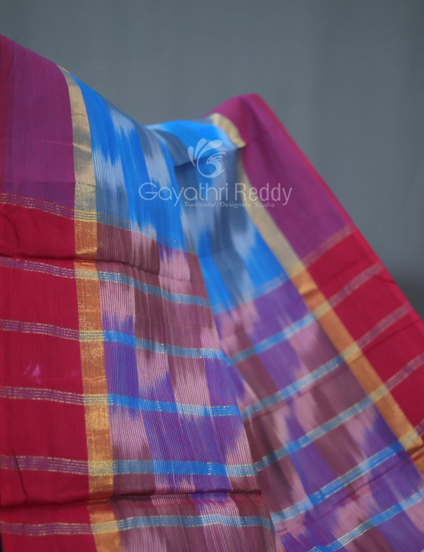 Dual Shades of Sky Blue And Maroon Mangalagiri Ikkat Cotton Saree By Gayathri Reddy Designer Studio