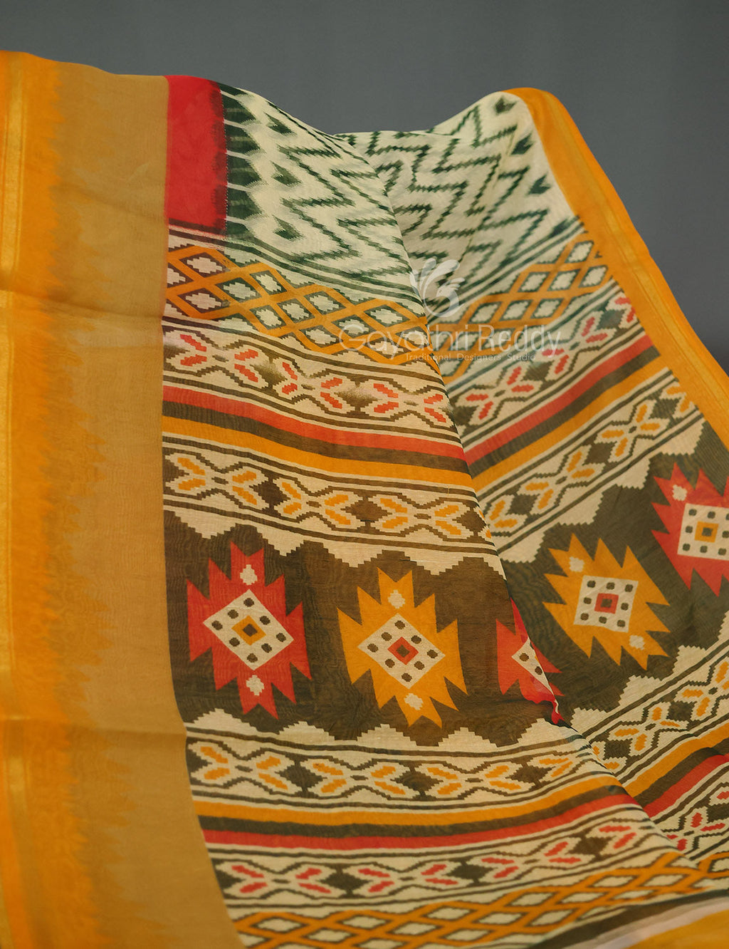 Shades of Light Apple Green And Yellow Colour Blouse Ikat Design Semi Chanderi Saree By Gayathri Reddy Designer Studio