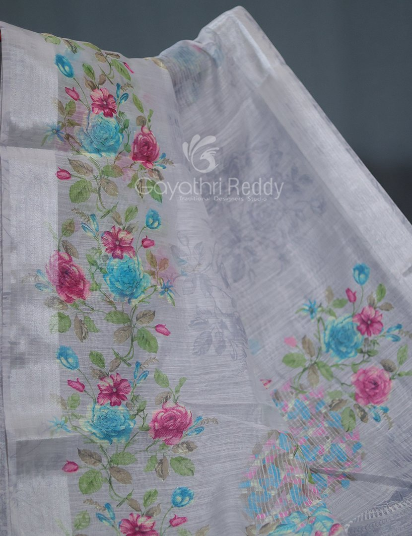 Shades of Light Grey With Floral Print Semi Chanderi Saree By Gayathri Reddy Designer Studio