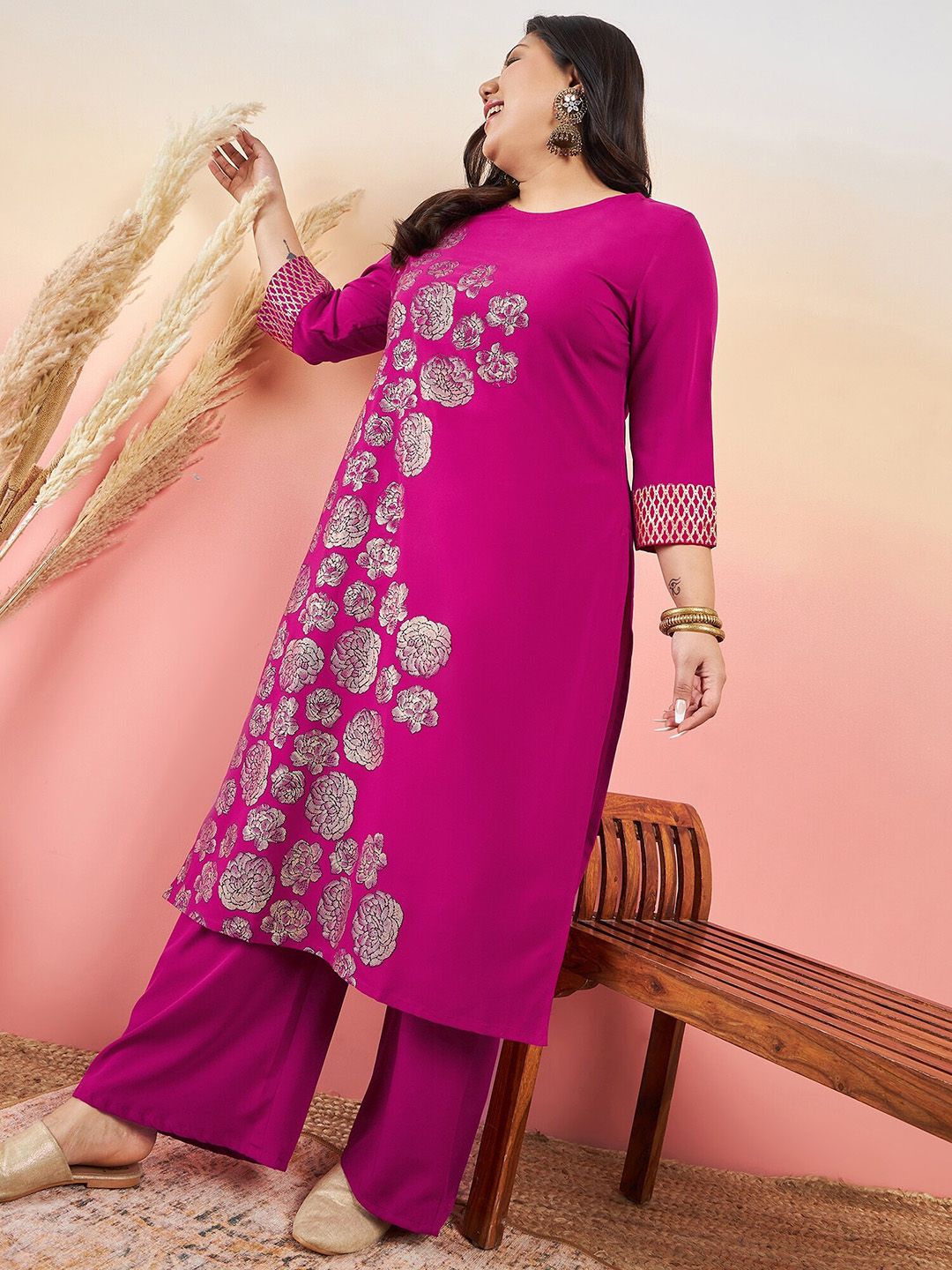 Sztori Floral Printed Round Neck Straight Kurta With Palazzo
