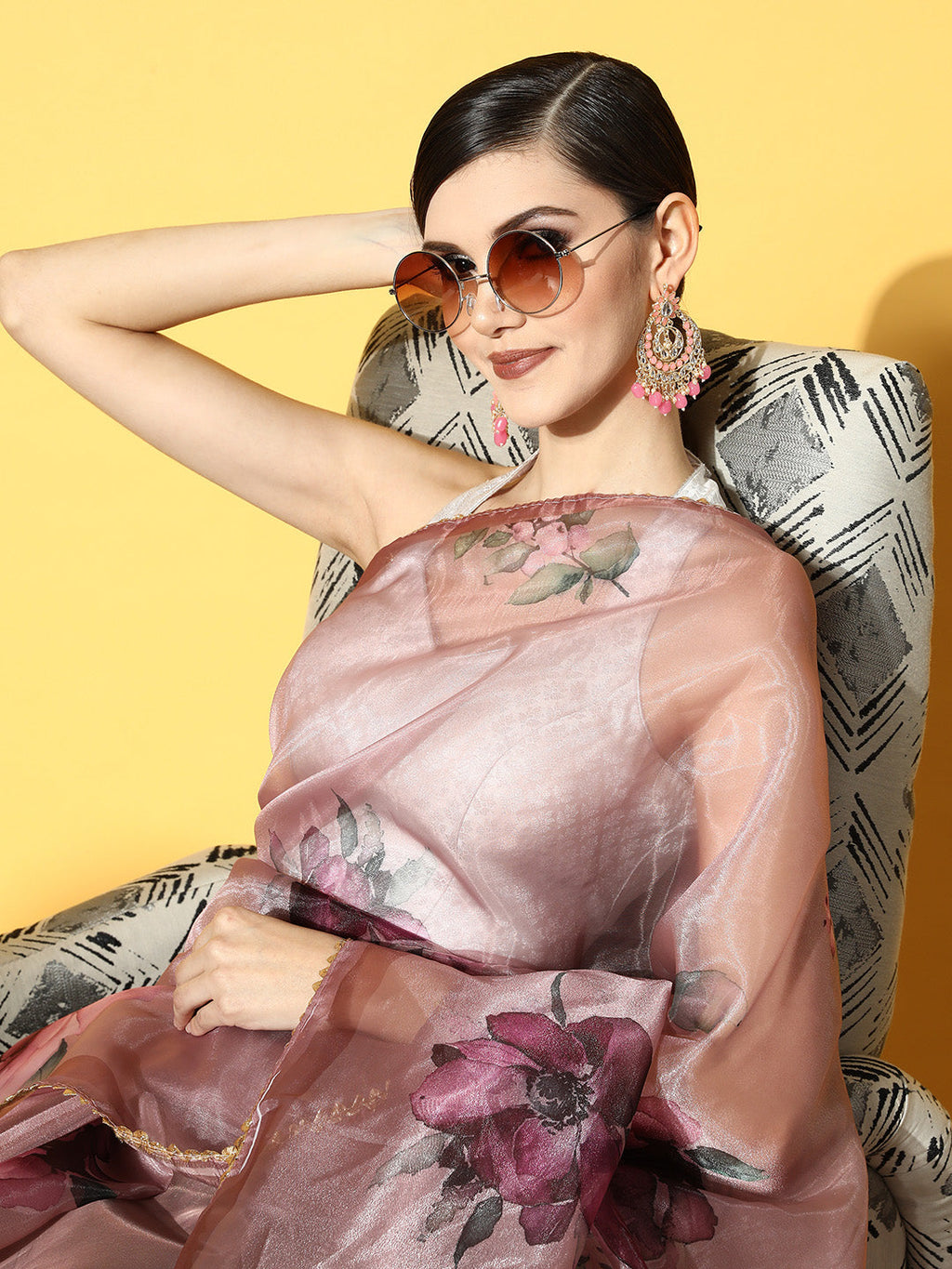 Tikhi Imli Pink & Green Floral Organza Saree