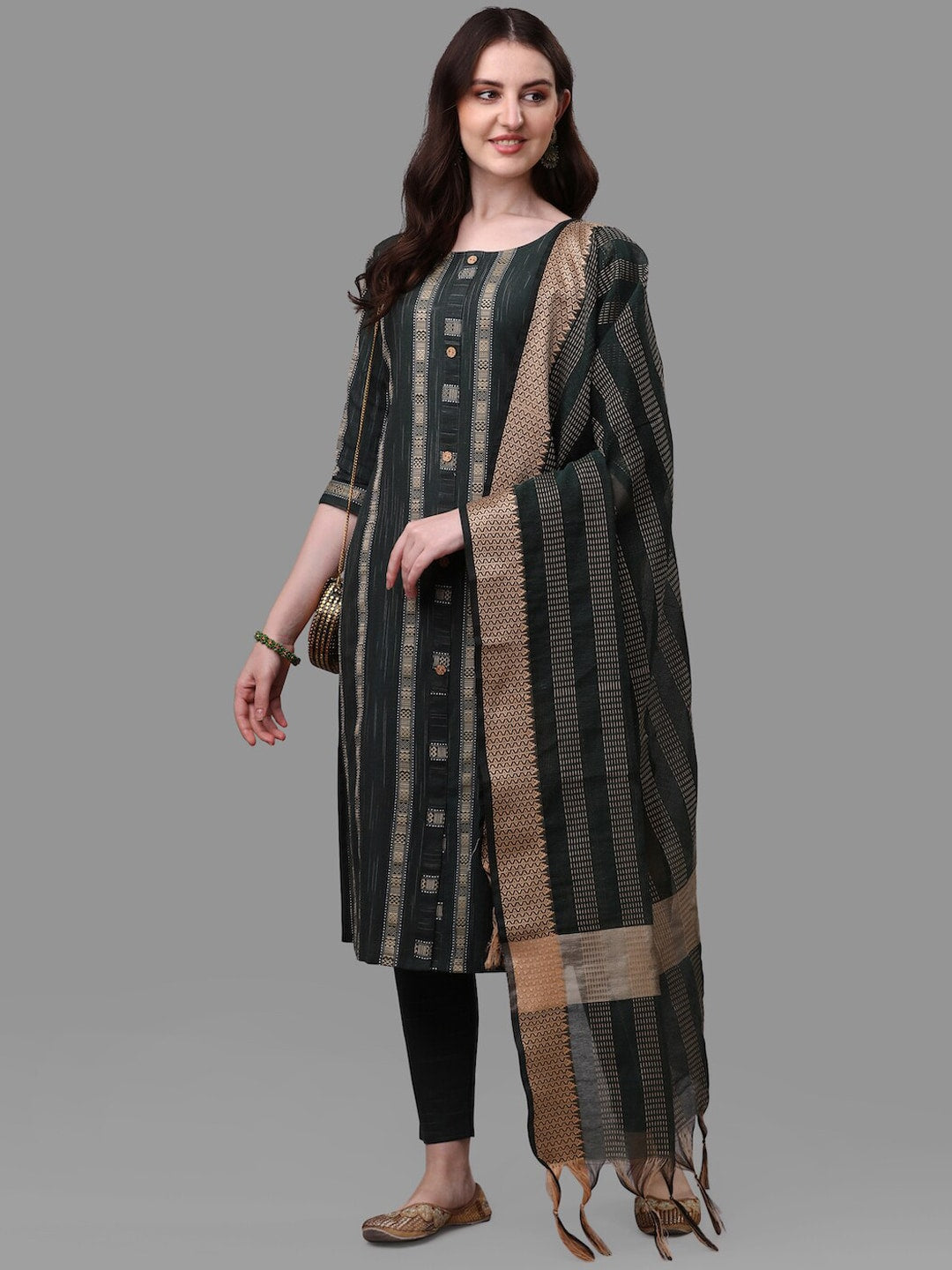 HERE&NOW Green Striped Pure Cotton Kurta With Trousers & Dupatta