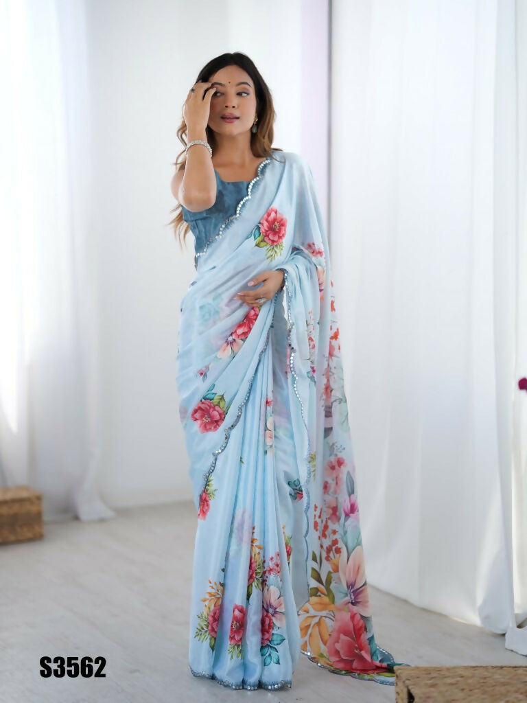Blue Chinon Designer Digital Printed,Mirror Cut Work Saree - Manvika