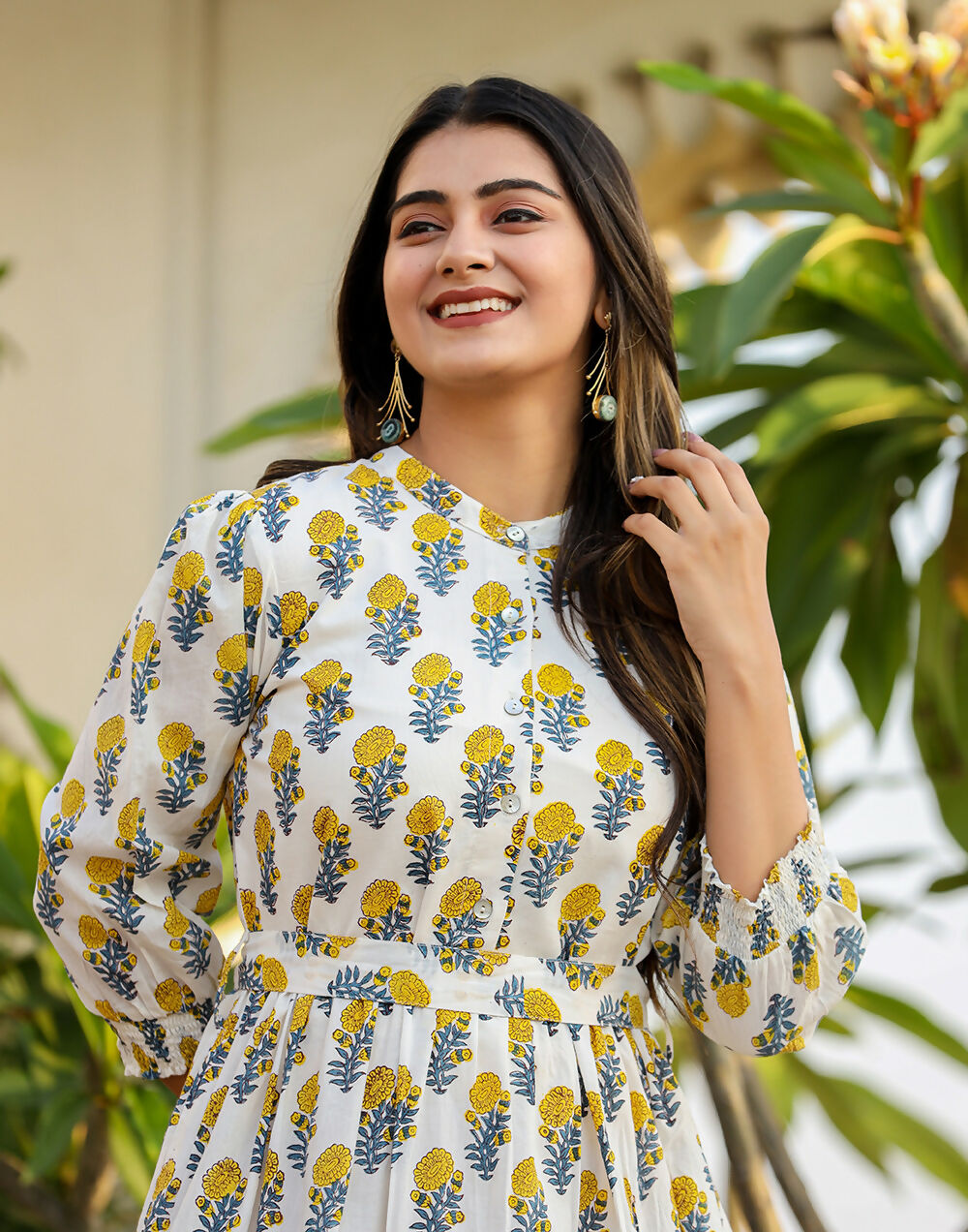Kaajh Women's White-Yellow Ethnic Floral Hand Block Print Cotton Dress