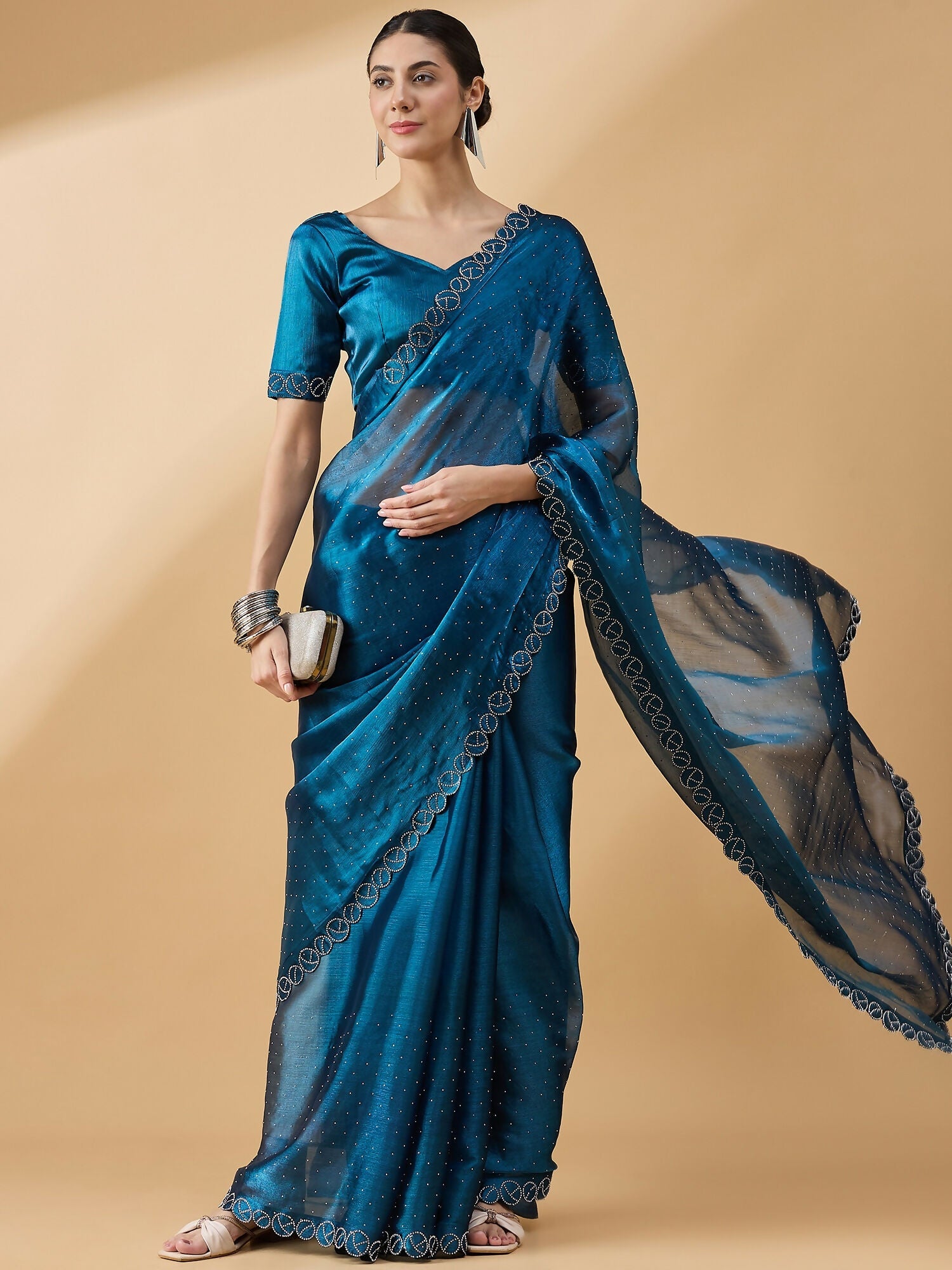 Teal Organza Swaroski Diamond Work Saree with Unstitched Blouse - Radha