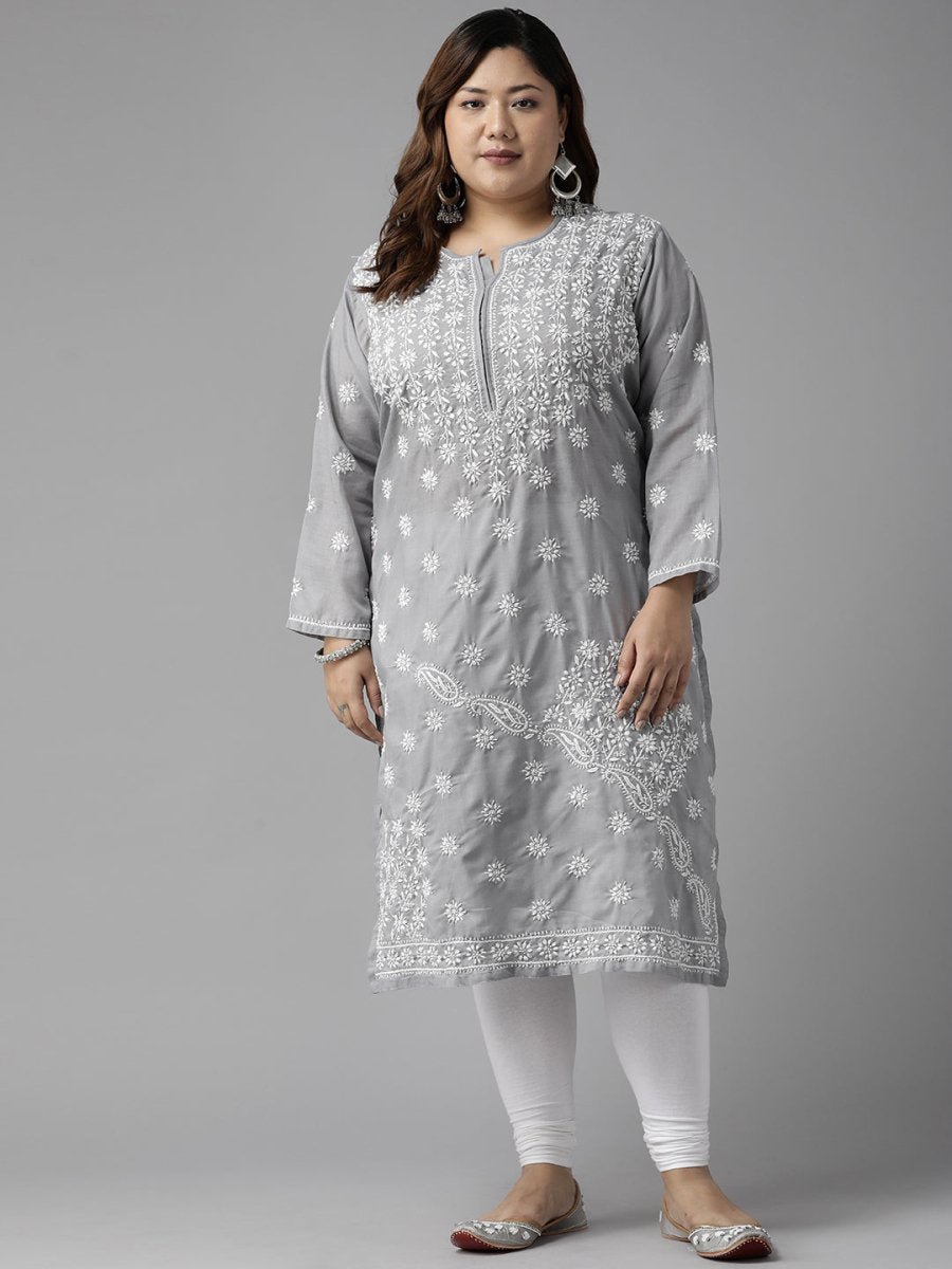 ADA Women Plus Size Grey Floral Embroidered Chikankari Kurta