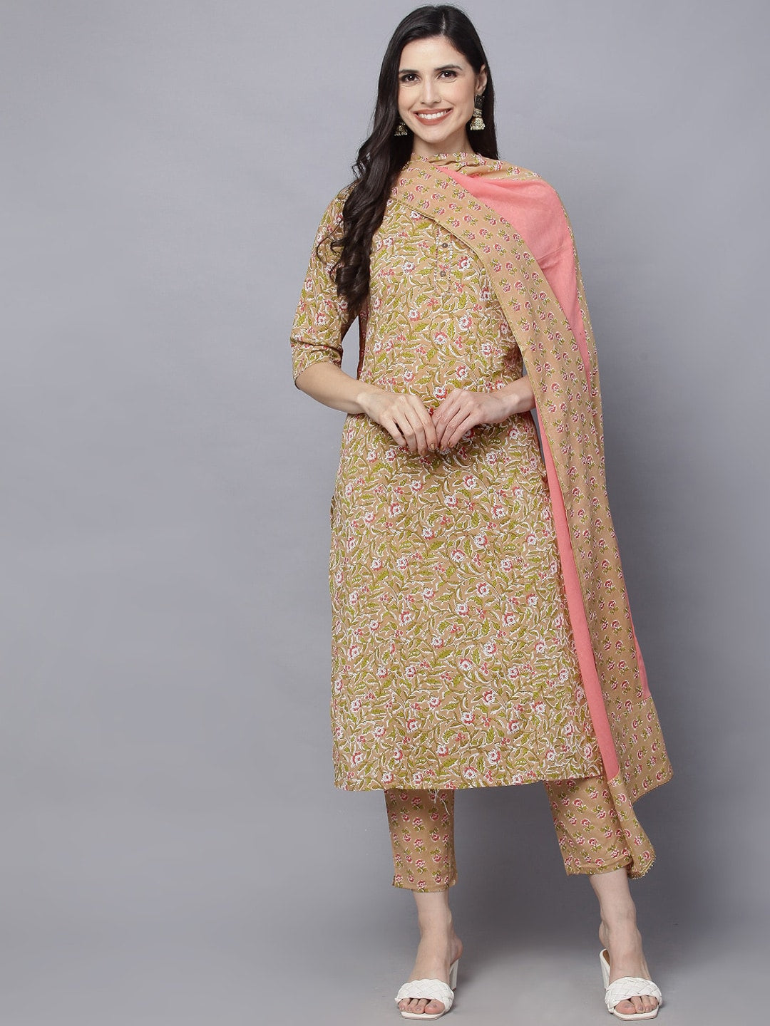 HERE&NOW Women Mustard Yellow Floral Printed Pure Cotton Kurta Set