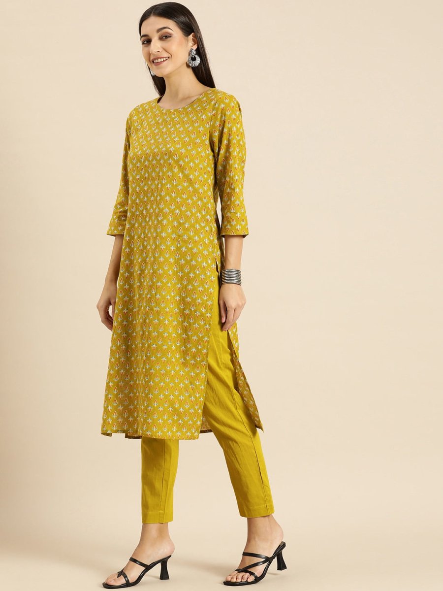 All About You Women Olive Green Ethnic Motifs Print Pure Cotton Kurta with Trousers
